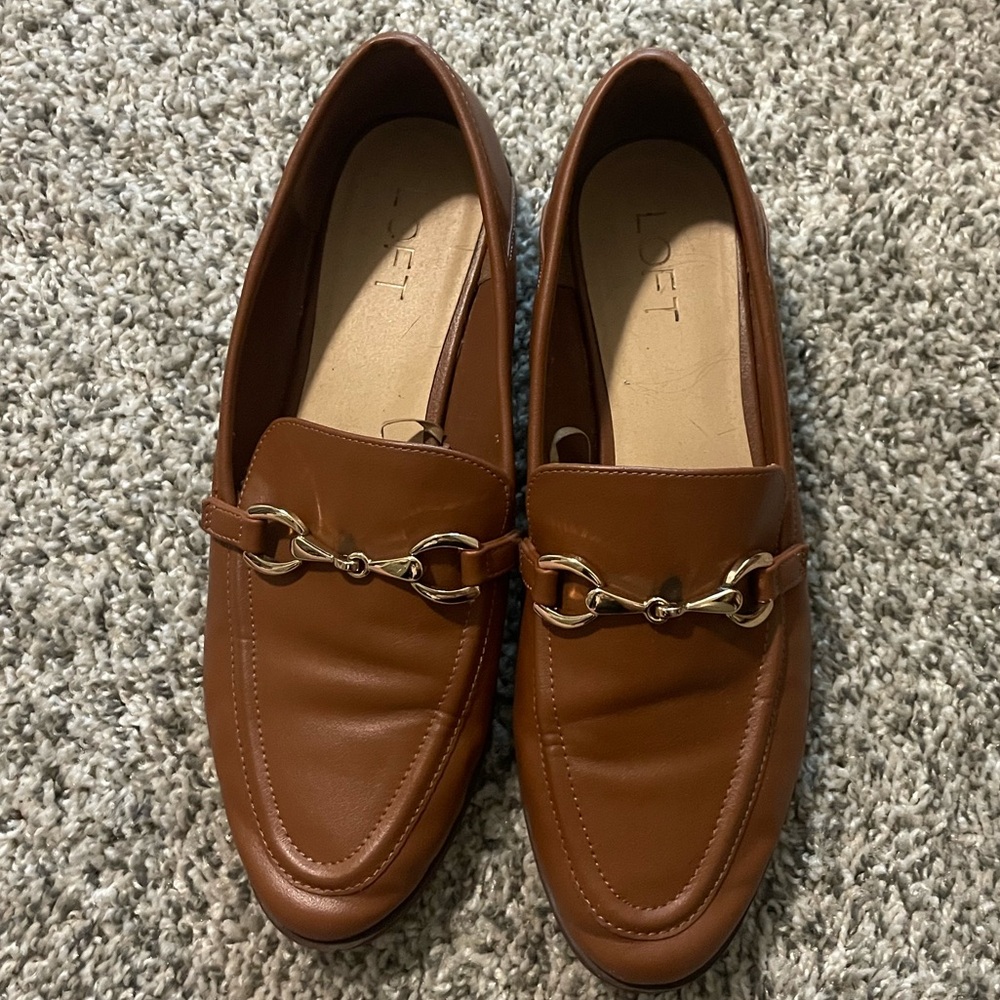 LOFT Cognac Brown Loafers with Gold Horse Bit Detailing